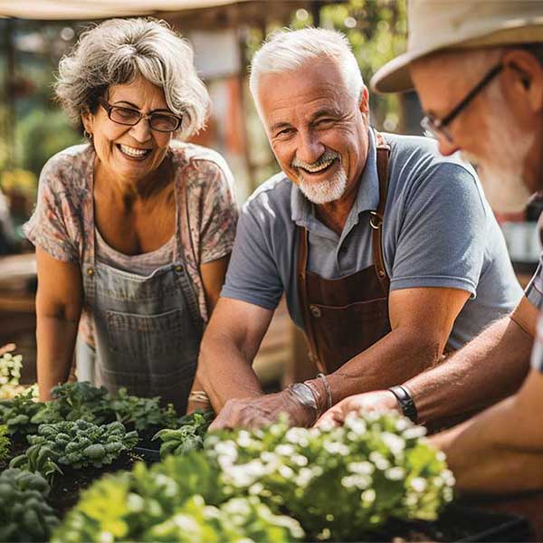 Three older adults happily gardening together outdoors, smiling and enjoying the activity while tending to green plants on a sunny day.