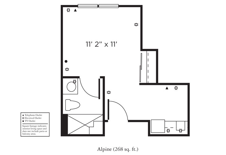 Black and white floor plan labeled "Alpine (268 sq. ft.)" showing a studio layout with a main living area, bathroom, closets, and small kitchenette. Symbols denote locations of outlets and TV connections.