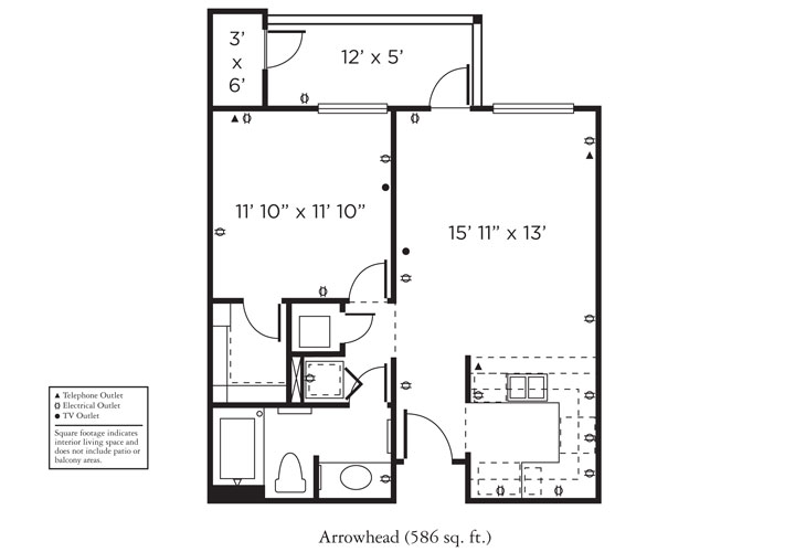 Black and white floor plan labeled Arrowhead (586 sq. ft.) featuring a bedroom, bathroom, kitchen, and living room, with room dimensions and symbols for electrical and telephone outlets.