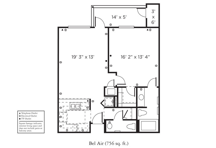 Black-and-white floor plan labeled “Bel Air (756 sq. ft.)” showing a one-bedroom, one-bathroom apartment with kitchen, living room, dining area, patio, closets, and utility spaces. Room sizes are marked in feet and inches.