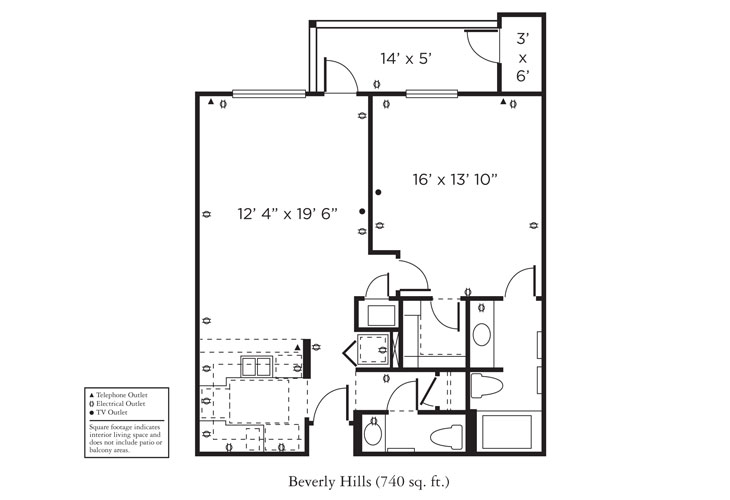 Black and white floor plan labeled “Beverly Hills (740 sq. ft.)” showing a one-bedroom apartment with a living/dining area, kitchen, bedroom, bathroom, closet, and balcony. Outlets and room dimensions are indicated.