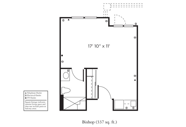 Floor plan labeled "Bishop (357 sq. ft.)" featuring a large main living area, a bathroom with a shower, a small kitchen area, and an entryway with closets. Symbols mark outlets and TV connections.
