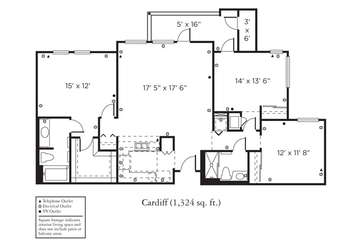 Black and white floor plan for a Cardiff apartment, showing three bedrooms, two bathrooms, a kitchen, living/dining area, and closets. Outlets and square footage (1,324 sq. ft.) are labeled.