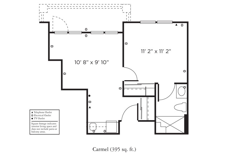 Black-and-white floor plan labeled “Carmel (395 sq. ft.)” showing one bedroom, one bathroom, kitchen, living area, and entryway, with outlets and doorways marked throughout the layout.