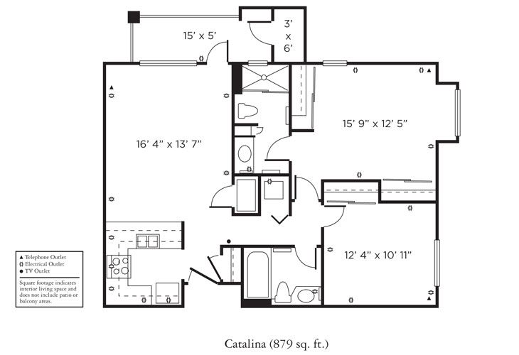 Black and white floor plan for a 879 sq. ft. apartment named Catalina, featuring two bedrooms, two bathrooms, a kitchen, living/dining area, closets, and a patio/balcony. Electrical and TV outlets marked.