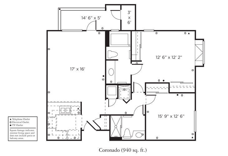 Black-and-white floor plan labeled "Coronado (940 sq. ft.)" showing a two-bedroom, one-bath apartment layout with a kitchen, living room, dining area, closets, patio, and utility space. Electrical outlets are marked.