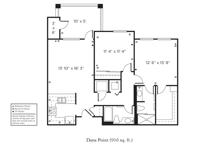 Black and white floor plan labeled "Dana Point (916 sq. ft.)," showing a one-bedroom, one-bath layout with a kitchen, living room, dining area, patio, bath, closets, and utility spaces. Outlets and features are marked.
