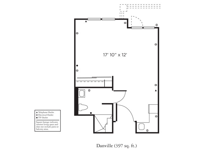 Black and white floor plan labeled “Danville (397 sq. ft.)” shows a rectangular studio layout with a bathroom, kitchenette, and main living area measuring 17'10" x 12'. Symbols indicate outlets and the entry door.