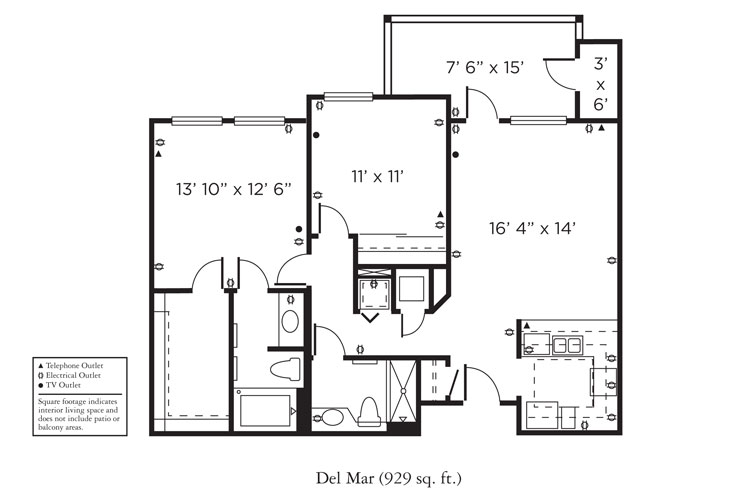 Black and white floor plan for a 929 sq. ft. apartment labeled "Del Mar," with two bedrooms, one bathroom, a kitchen, living/dining area, balcony, and closets. Outlets and phone ports are marked with symbols.