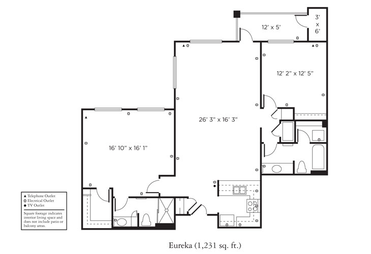 Black and white floor plan labeled “Eureka (1,231 sq. ft.)” showing two bedrooms, two bathrooms, a kitchen, living/dining area, closets, and utility spaces, with symbols for outlets and measurement annotations.