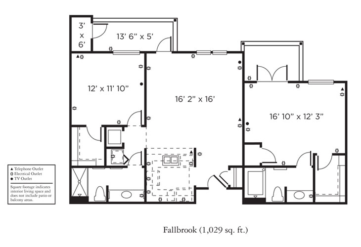 Black and white floor plan for the Fallbrook, 1,029 sq. ft. It shows two bedrooms, two bathrooms, a kitchen, a living/dining area, a patio, and utility spaces. Outlets and TV points are marked. Room sizes are labeled.