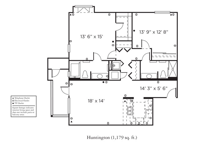 Black and white floor plan for the Huntington apartment, 1,179 sq. ft., showing two bedrooms, two bathrooms, kitchen, living room, dining area, and utility spaces, with placements for electrical and TV outlets indicated.