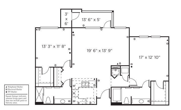 Black and white floor plan of an apartment with two bedrooms, two bathrooms, kitchen, living/dining area, closets, and a balcony. Outlets and utility symbols are marked throughout the design.