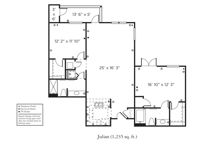 Black and white floor plan for a 1,235 sq. ft. apartment named "Julian," showing two bedrooms, two bathrooms, kitchen, living and dining areas, utility space, and entry, with labels for outlets and dimensions for each room.