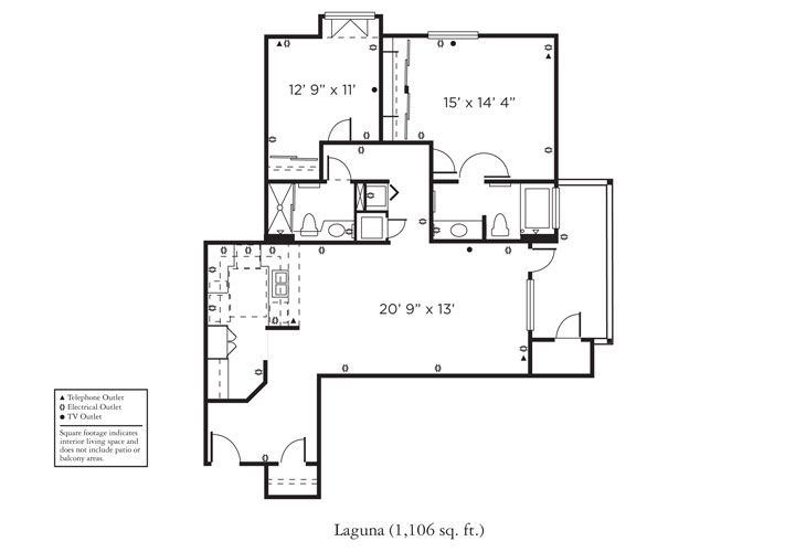 Black and white floor plan labeled "Laguna (1,106 sq. ft.)" showing a two-bedroom, two-bath apartment layout with kitchen, living area, closets, and patio/balcony, plus icons for outlets and heating.