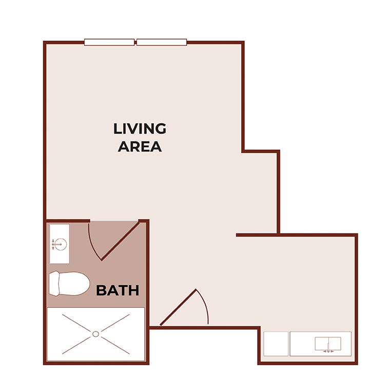 Simple floor plan showing a living area, a bathroom with a shower and toilet, an entrance door, and a small kitchenette with a sink and stove along one wall.