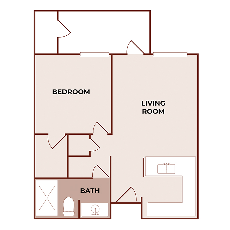 Simple floor plan showing a one-bedroom apartment with labeled rooms: bedroom, living room, bath, and a kitchen area with a sink. Multiple doors connect the rooms and entryways.