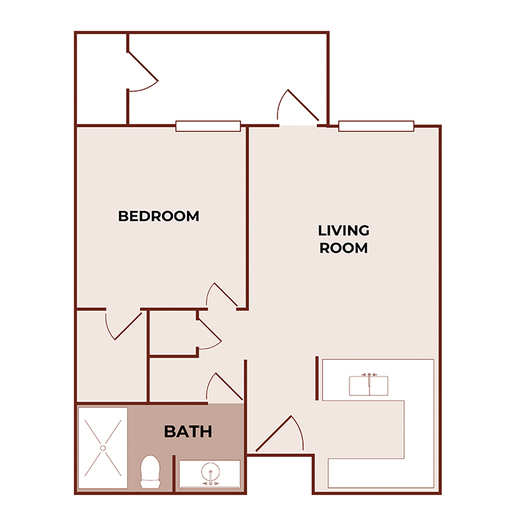 A simple floor plan showing a bedroom, living room, kitchen, and bathroom. The bedroom and living room are adjacent, with the bath and kitchen accessible from the central hallway. Fixtures are marked in the bath and kitchen areas.