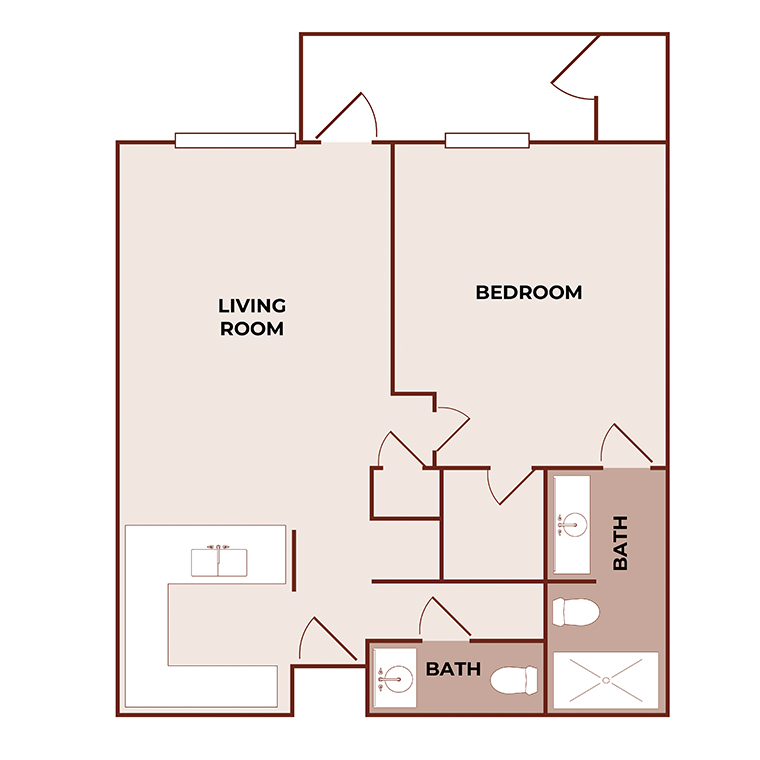 Floor plan of a one-bedroom apartment with a living room, kitchen, bedroom, and two bathrooms. The layout shows doorways connecting each room and fixtures for sinks, toilets, and a shower.