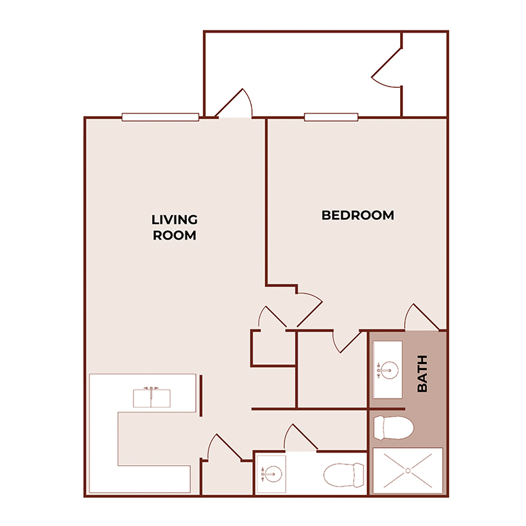A simple one-bedroom apartment floor plan showing a living room, bedroom, kitchen, bathroom, and entryway, with clearly marked doorways and fixtures. The living room and bedroom are side by side.