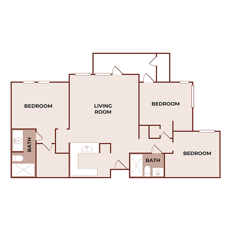 Floor plan with three labeled bedrooms, two bathrooms, and a large central living room. The kitchen is open to the living area. Bedrooms are on both sides of the living room, with bathrooms near the bedrooms.