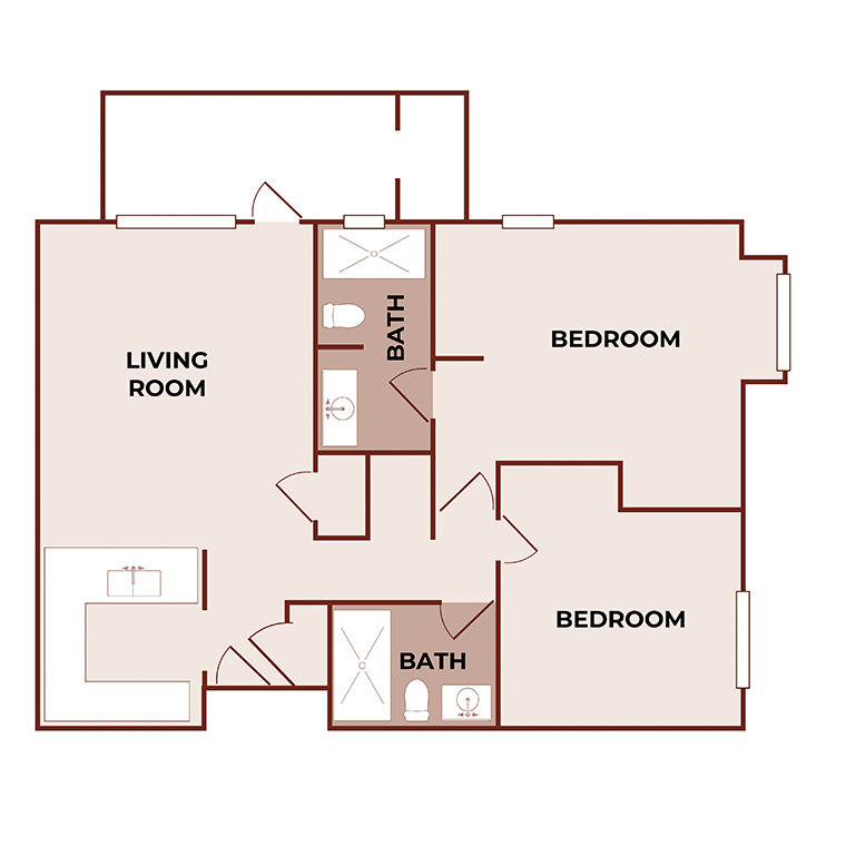 Floor plan showing a living room, kitchen area, two bedrooms, and two bathrooms. Bedrooms are side by side, each near a bathroom. Living room and kitchen are open and adjacent to the bedrooms and bathrooms.