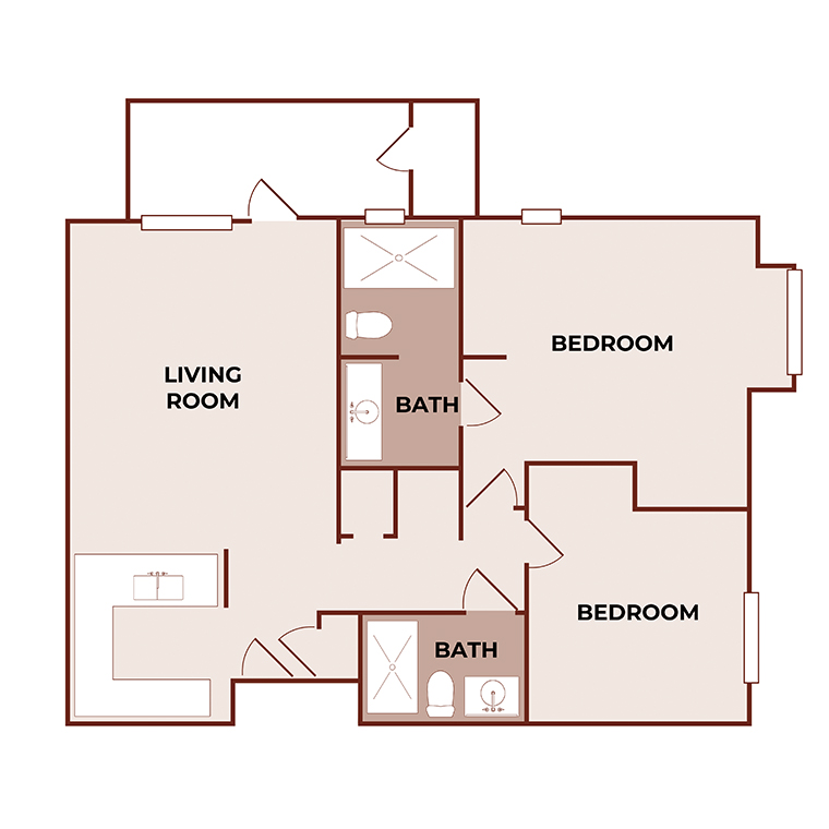A two-bedroom apartment floor plan with a living room, kitchen, two bathrooms, and two bedrooms. The bathrooms are located between and near the bedrooms; the living room and kitchen are adjacent to each other.