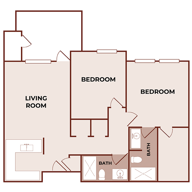 Floor plan of a two-bedroom apartment with a living room, kitchen, two bathrooms, and two closets; labeled rooms include Living Room, Bedroom, Bath, and the main entry is at the bottom left.