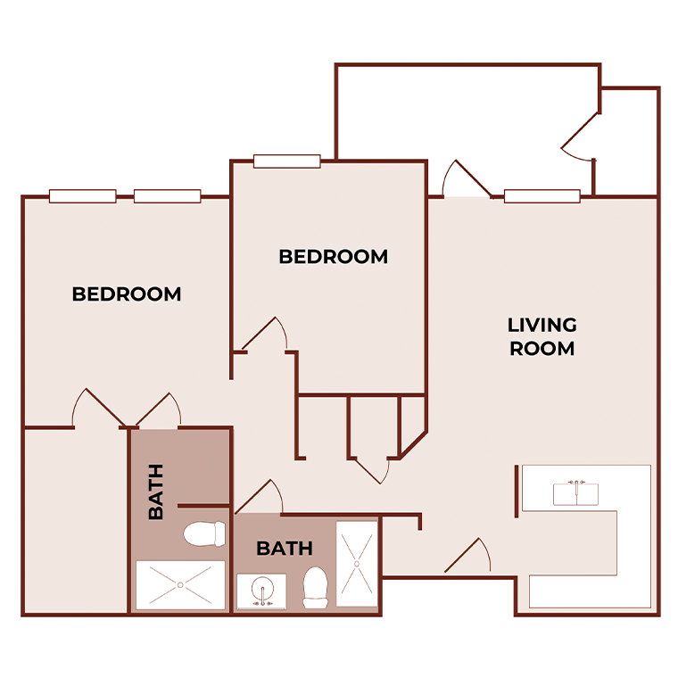Floor plan showing two bedrooms, a living room, a kitchen area, and two bathrooms. Each room is labeled, and doors and fixtures are clearly marked throughout the layout.