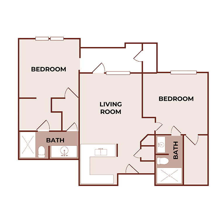 Floor plan of a two-bedroom, two-bath apartment with a central living room, kitchen area, and bathrooms adjacent to each bedroom. Doors and windows are indicated throughout the layout.