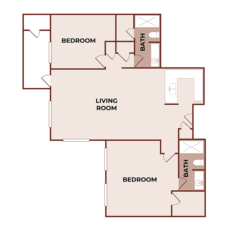 A two-bedroom apartment floor plan featuring a large central living room, two bathrooms adjacent to each bedroom, and entryways on the left and lower sides of the layout.