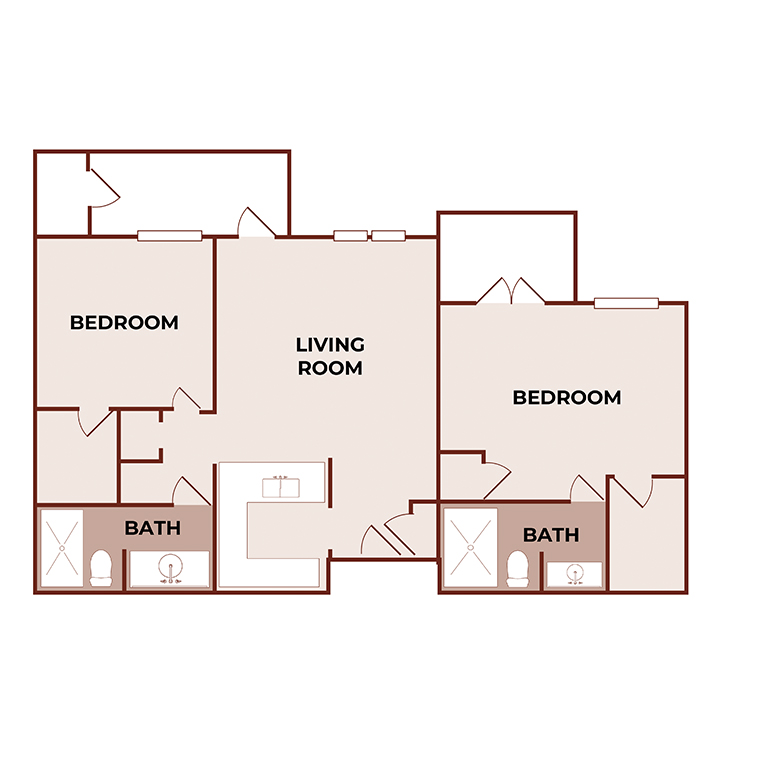 Floor plan of an apartment with two bedrooms, two bathrooms, and a central living room. Bathrooms are adjacent to each bedroom, and all rooms are accessible from the living room.