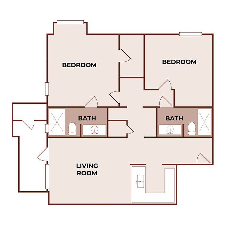 A floor plan showing two bedrooms, two bathrooms, and a living room. Bedrooms are side by side at the top, bathrooms are in the center, and the living room is at the bottom left. Doors and fixtures are illustrated.