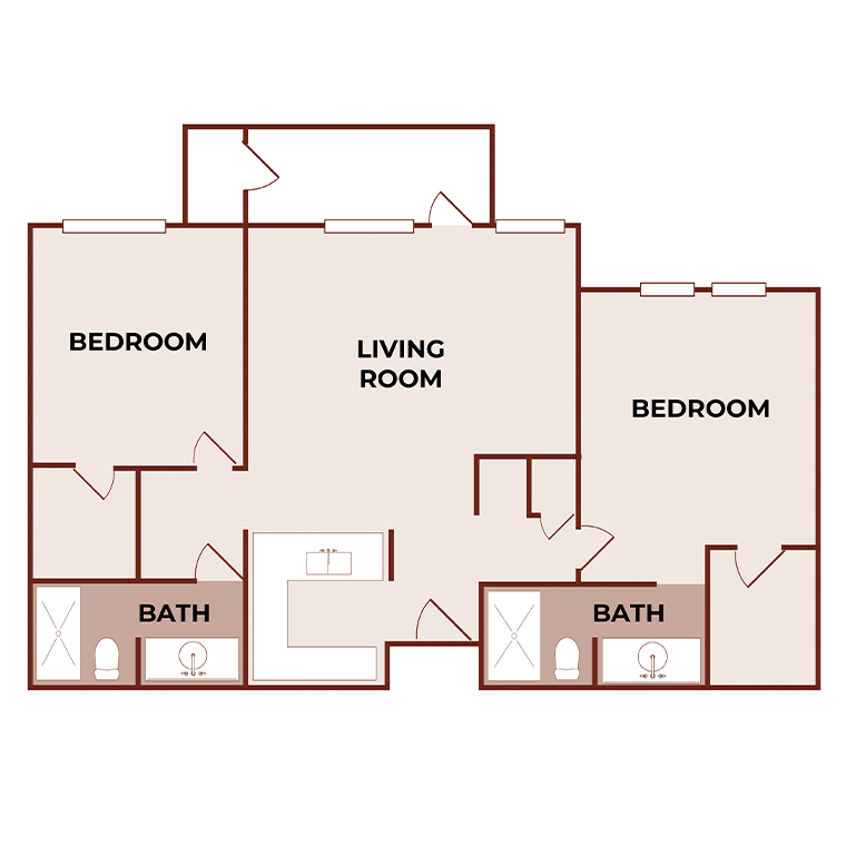 A simple floor plan showing two bedrooms, two bathrooms, and a central living room. The bathrooms are adjacent to the bedrooms, and the kitchen is next to the living room. Multiple doors lead to each room.