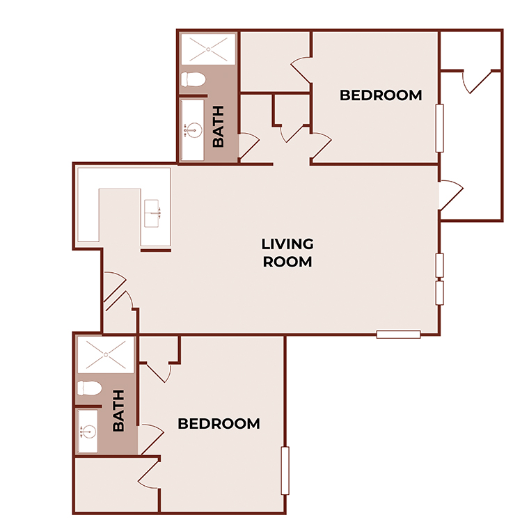 Floor plan of a two-bedroom apartment with two bathrooms, a large central living room, bathrooms adjacent to each bedroom, and entry doors near the living room and bottom bedroom.