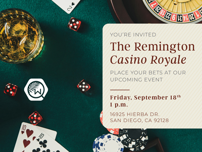 Casino-themed event invitation with cards, dice, roulette wheel, and a drink on a green felt table. Text details a Casino Royale event at The Remington on September 18th, 1 p.m., in San Diego.