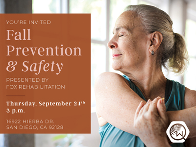 Older woman stretching and smiling, with event details for a Fall Prevention & Safety presentation on September 24th, 3 p.m., by Fox Rehabilitation in San Diego, CA.