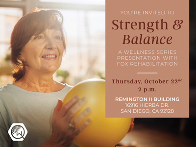 A woman holds a yellow exercise ball next to a flyer for a Strength and Balance wellness presentation on October 22nd at the Remington II Building in San Diego.